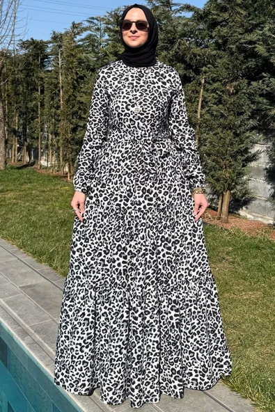 Leopar Desenli Elbise Siyah - 6