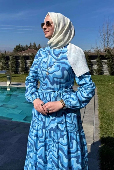 Su Desenli Elbise Mavi - Resim 7