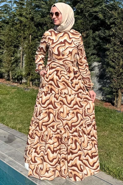 Su Desenli Elbise Kahve - Resim 5