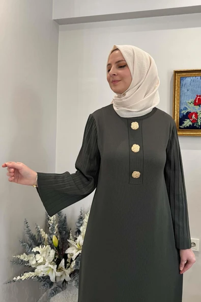 Banu Broşlu Triko Elbise Haki - Resim 4