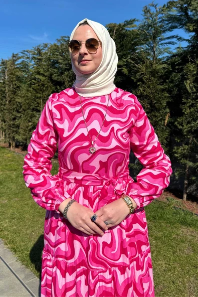 Su Desenli Elbise Pembe - Resim 4