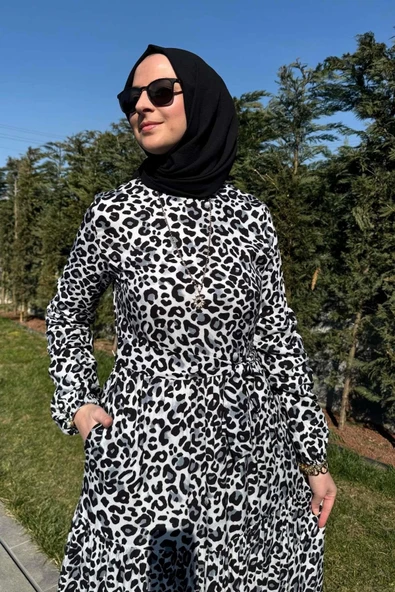 Leopar Desenli Elbise Siyah - 4