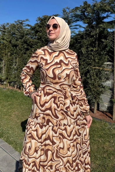 Su Desenli Elbise Kahve - Resim 4