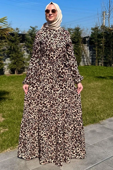 Leopar Desenli Elbise Kahve