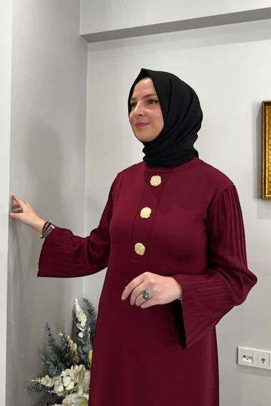 Banu Broşlu Triko Elbise Bordo - 2