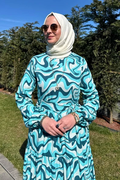 Su Desenli Elbise Turkuaz - 4