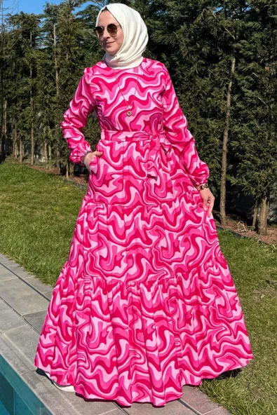 Su Desenli Elbise Pembe - Resim 5