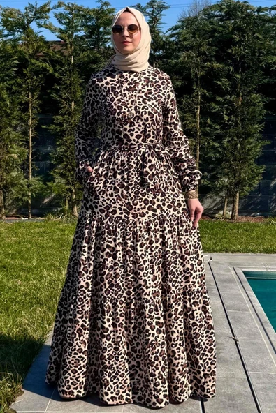 Leopar Desenli Elbise Kahve - Resim 7