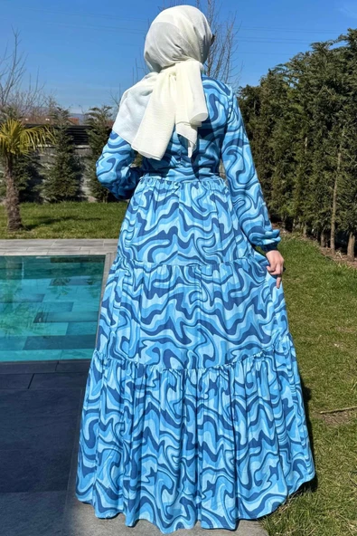 Su Desenli Elbise Mavi - Resim 9
