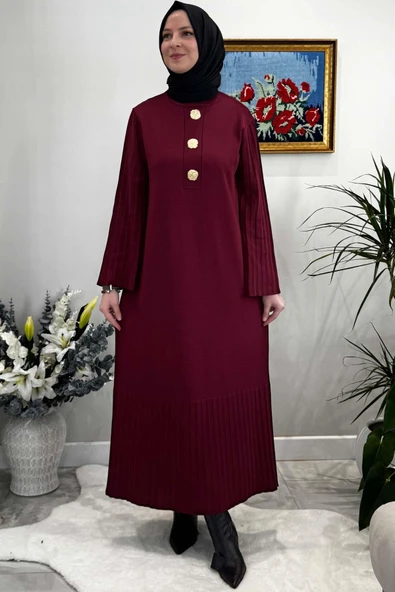 Banu Broşlu Triko Elbise Bordo - 6