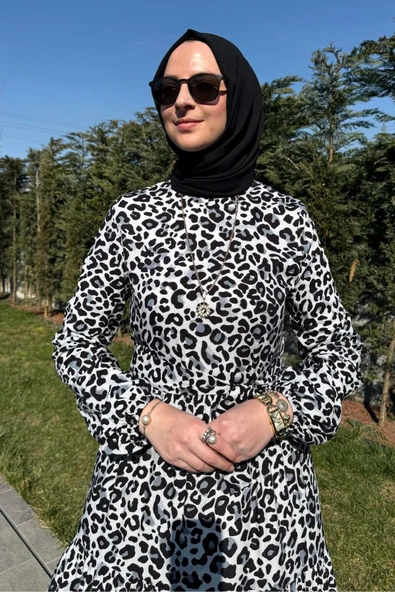 Leopar Desenli Elbise Siyah - 2