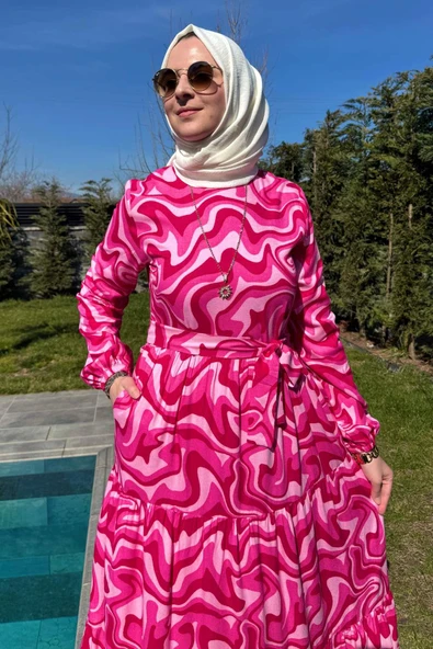 Su Desenli Elbise Pembe - Resim 2