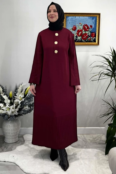 Banu Broşlu Triko Elbise Bordo