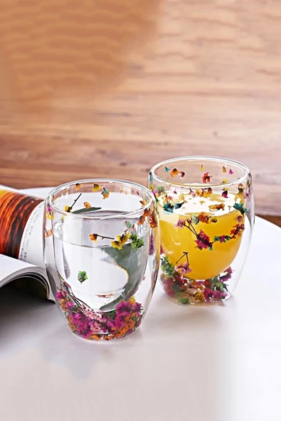Tilbe Home 2'li Çift Cidarlı Flower Cup 250ml Çiçekli Bardak Kahve Çay Bardağı El Yapımı Cam Bardak Seti - 2