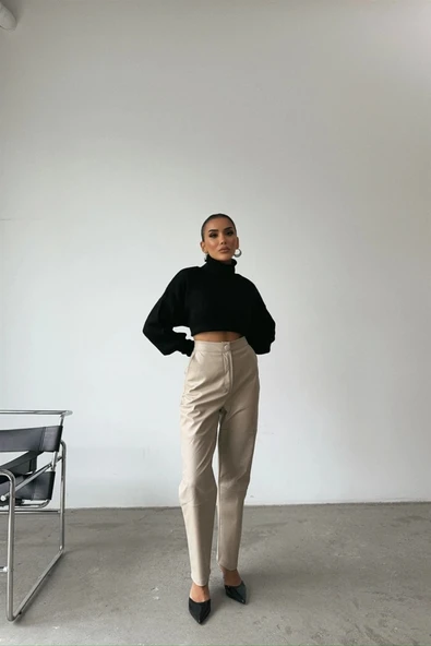 DERİ PANTOLON DİZ PARÇALI - Taş - 2