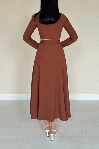 Kahverengi Fitilli Bluz & Etek Takım - Resim 4