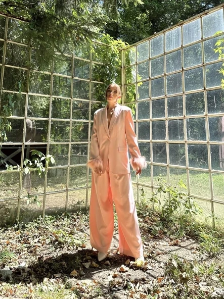 Pudra Kol Ucu Tüylü Ceket & Pantolon Takım - 2