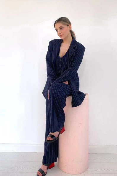 Lacivert Çizgili Ceket & Yelek Ve Pantolon Takım - 3