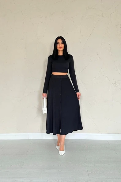 Siyah Fitilli Bluz & Etek Takım