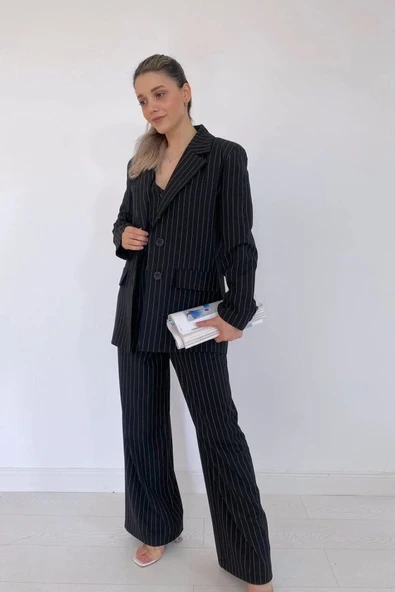 Siyah Çizgili Ceket & Yelek Ve Pantolon Takım