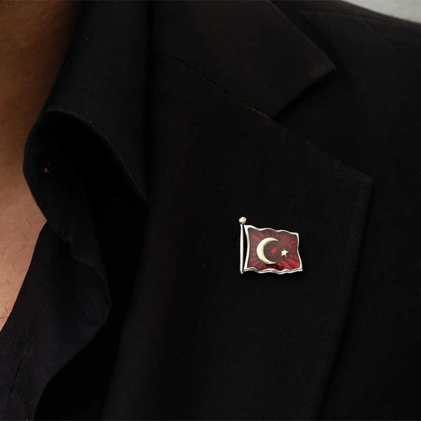 925 Ayar Gümüş Türk Bayrağı Rozet - 2