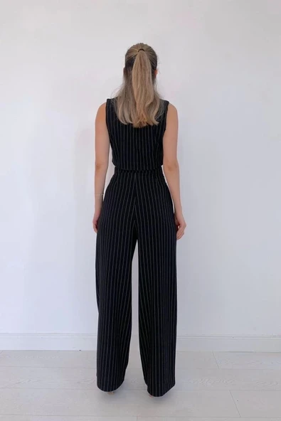 Siyah Çizgili Ceket & Yelek Ve Pantolon Takım - 4