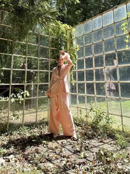 Pudra Kol Ucu Tüylü Ceket & Pantolon Takım - 3