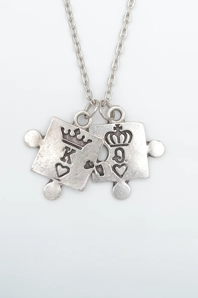 Puzzle - Queen - King - Sevgili Gümüş Kaplama Düz Zincir Kolye ürün görseli 1