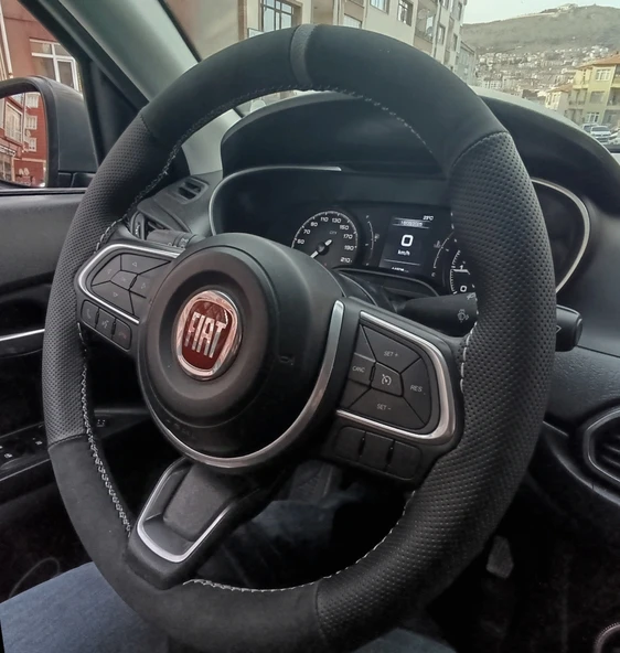 DİKİŞLİ DİREKSİYON KILIFI NUBUK NOKTALI DERİ GRİ YÜZÜK GRİ DİKİŞLİ FIAT EGEA İÇİN - 2