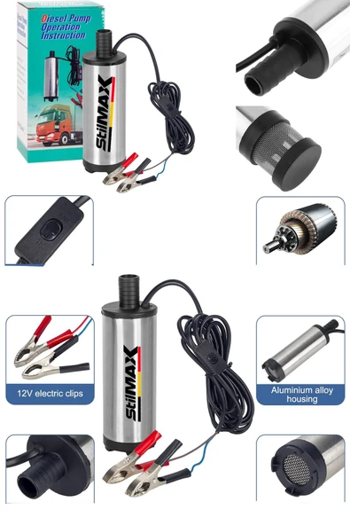 Paslanmaz Gövdeli Profesyonel Bakır Sargılı 12V Mini Mazot Sıvı Yağ Yakıt Aktarma Pompası 51mm - 2
