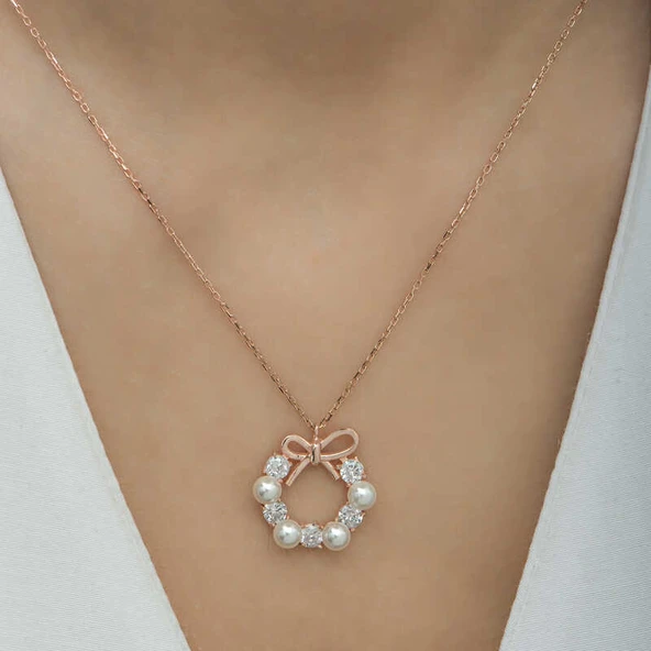 925 Ayar Gümüş İnci Kurdele Kadın Gümüş Kolye - Resim 8