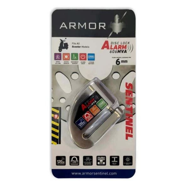 Armor Alarmlı Motorsiklet Disk Kilidi Çelik Gövde 606 Mva 6mm-İnox - 6