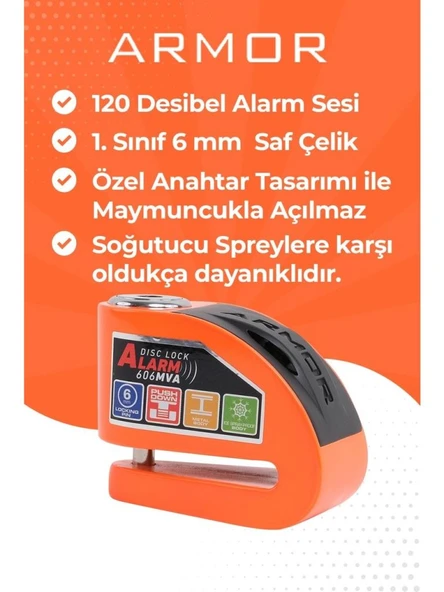 Armor Alarmlı Motorsiklet Disk Kilidi Çelik Gövde 606 Mva 6mm-Turuncu - 2
