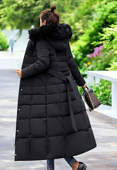 Kışlık Uzun Kürklü Kapüşonlu Kadın Şişme Mont - Resim 2