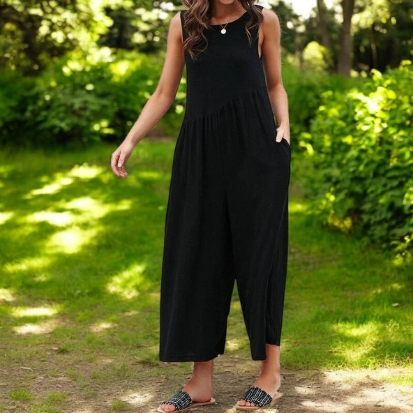 Keten Yazlık Günlük Sırt Dekolteli Salaş Kadın Tulum ürün görseli 1