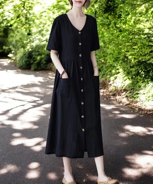 Keten Günlük Rahat V Yaka Beli Büzgü Detaylı Düğmeli Elbise ürün görseli 1