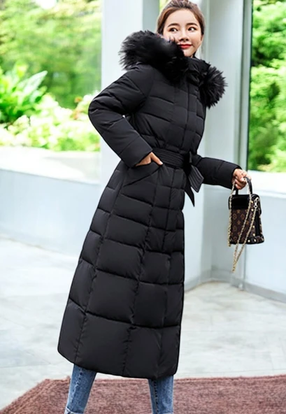 Kışlık Uzun Kürklü Kapüşonlu Kadın Şişme Mont - Resim 5