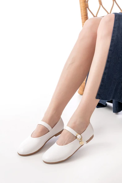 İNF-324 Beyaz Baretli Tokalı Günlük Kadın Babet - 3