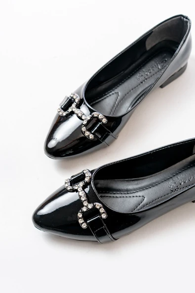 İNF-133 Siyah Rugan Taşlı Tokalı Günlük Kadın Babet - 2