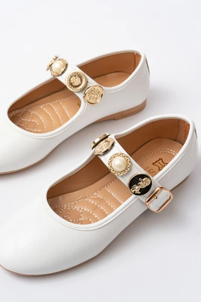 İNF-6363 Beyaz Baret Tokalı Günlük Bayan Ayakkabı - 4