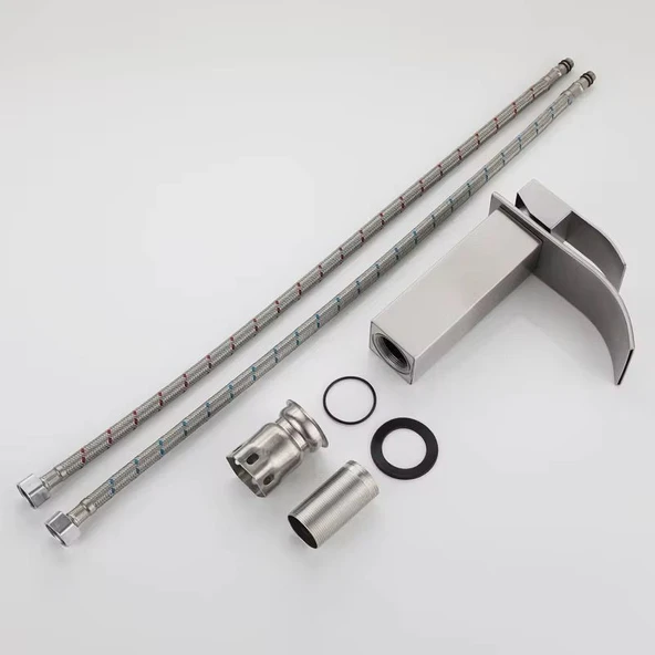 LAVABO BATARYASI INOX ŞELALE KARE GÖVDE EĞİMLİ HAVZA BANYO ARMATÜR ÇİFT GİRİŞ MUSLUK LÜKS MAT GRİ - 6