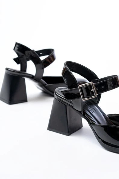 İNF-40450 Siyah Rugan Günlük Arkası Açık Topuklu Bayan Ayakkabı - Resim 5