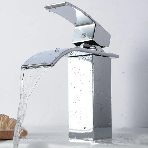 LAVABO BATARYASI KROM ŞELALE KARE GÖVDE EĞİMLİ HAVZA BANYO ARMATÜR ÇİFT GİRİŞ MUSLUK LÜKS ERGONAMİK - 3