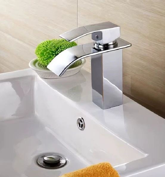 LAVABO BATARYASI KROM ŞELALE KARE GÖVDE EĞİMLİ HAVZA BANYO ARMATÜR ÇİFT GİRİŞ MUSLUK LÜKS ERGONAMİK - 2