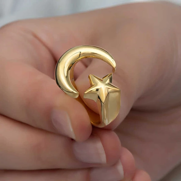 925 Ayar Gümüş Gold Ay Yıldız Kadın Yüzük - 2