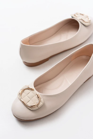 İNF-325 Bej Tokalı Aksesuarlı Günlük Kadın Babet - 5