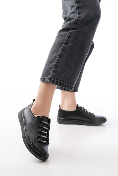 MK-9026 Siyah Bağcıklı Taş Aksesuarlı Günlük Spor Ayakkabı - 3