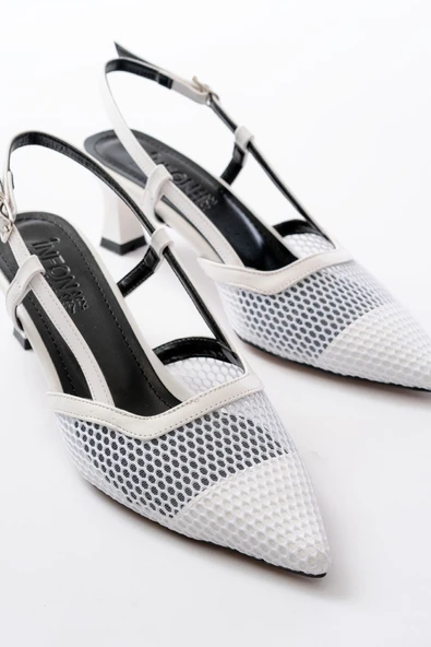 K-607 Beyaz Günlük Fileli Arkası Açık 7 cm Topuklu Bayan Ayakkabı - Resim 4