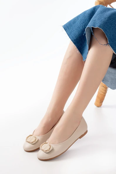 İNF-325 Bej Tokalı Aksesuarlı Günlük Kadın Babet - 4