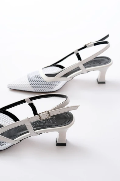 K-607 Beyaz Günlük Fileli Arkası Açık 7 cm Topuklu Bayan Ayakkabı - Resim 5